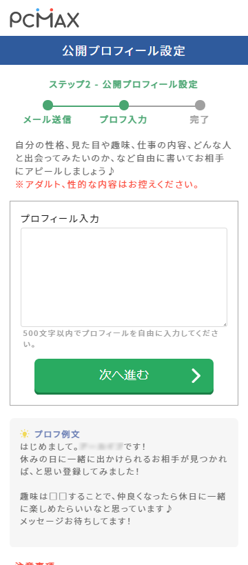 PCMAX公式の公開プロフィール入力画面例